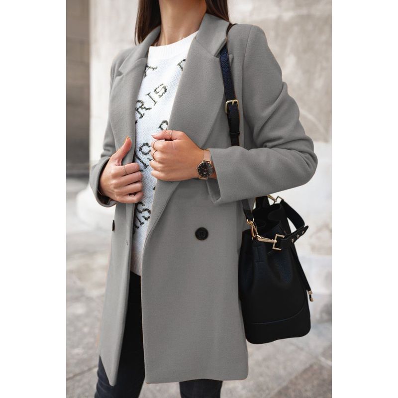 

2025Ebay Amazon Wish Autumn and Winter Pure Color Long-Sleeved Double-Breasted Button Suit Collar Woolen Outwear for Women Light gray XL