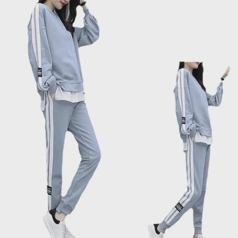 Damkläder i stora storlekar, avslappnad sportdräkt: Trendigt 2-delat set med tröja och byxor för vår/höst, trendig och slimmande design.