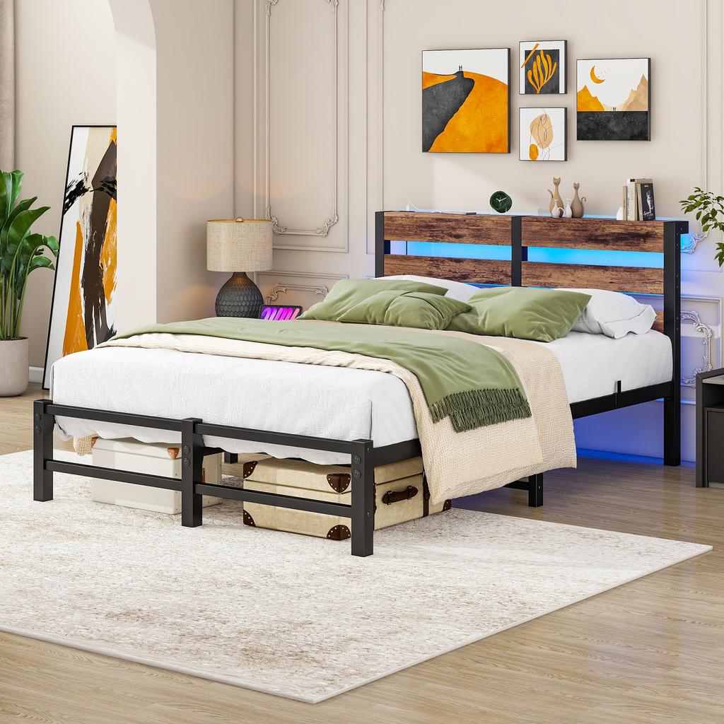 120x200 Bed Frame with LED Lighting and USB Charging Station, Metal Bed Frame Without Mattress, with Storage Under the Bed