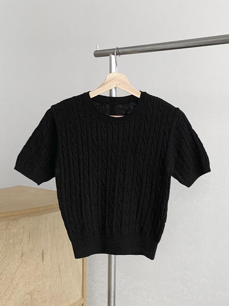 Korean Chic Minimalist Round Neck Cable Knit Slim Fit Top - Summer 2025 Women's Fashion