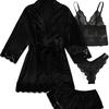 European Luxury V-Neck Lace Satin Pajamas & Nightgown Set - Includes Camisole & 3/4 Sleeve Robe, 4-Piece Women's Sleepwear.