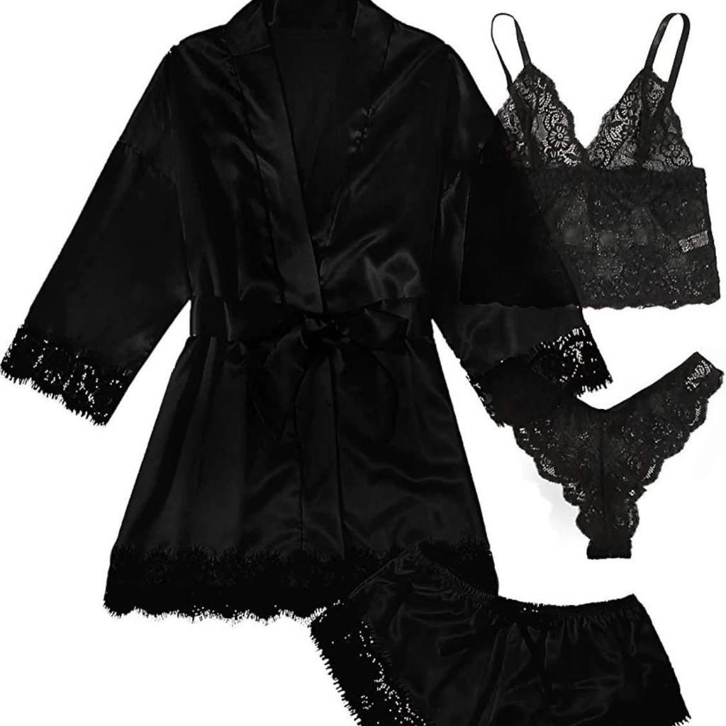 European Luxury V-Neck Lace Satin Pajamas & Nightgown Set - Includes Camisole & 3/4 Sleeve Robe, 4-Piece Women's Sleepwear.