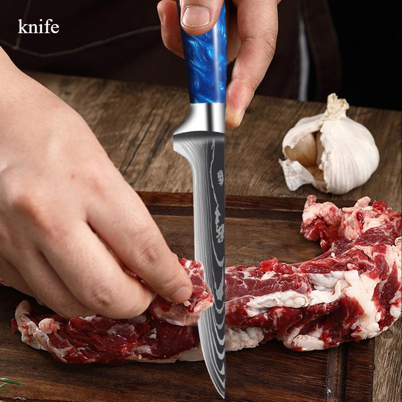 Kitchen Knife Set Chef's Knife Santoku Knife Cutting Butcher Knife Damascus Pattern Blue Resin Handle Utility Knife Paring Knives