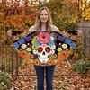 Reusable Party Entrance Sign Day of The Dead Skull Bunting Banner, Marigold Print Fiesta Unique Fan Shaped Banner Hanging Flag, Colorful Sugar Outdoor
