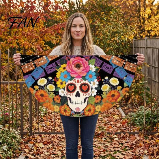 Reusable Party Entrance Sign Day of The Dead Skull Bunting Banner, Marigold Print Fiesta Unique Fan Shaped Banner Hanging Flag, Colorful Sugar Outdoor