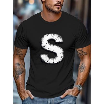 European Size Men's Grunge Letter S Short Sleeve T-Shirt - Edgy -Grade Letter S, Casual Round Neck Summer Top, Machine Washable Grunge Style Tee