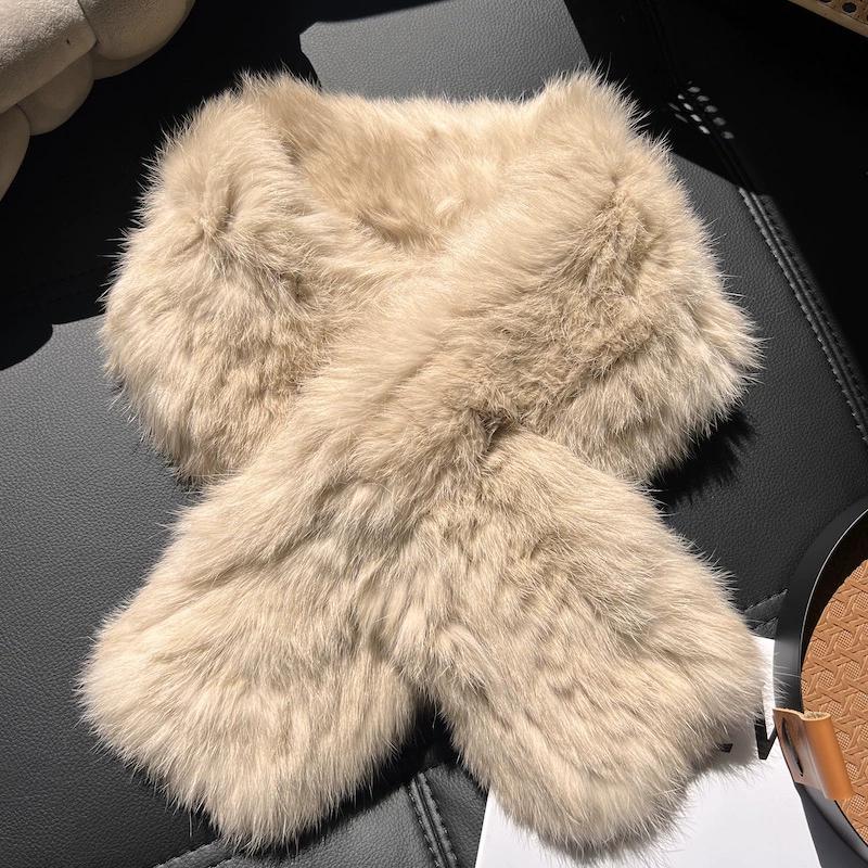 Rabbit Fur Knitted Scarf Women's Autumn and Winter High Sense Korean Version Versatile Warm Thickened Neck Protection Double-sided Fur Plush Scarf