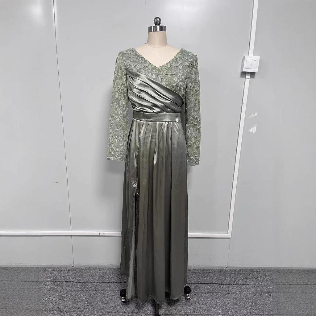 Elegant Green Ruffle Lace Mid-Waist Long Evening Dress