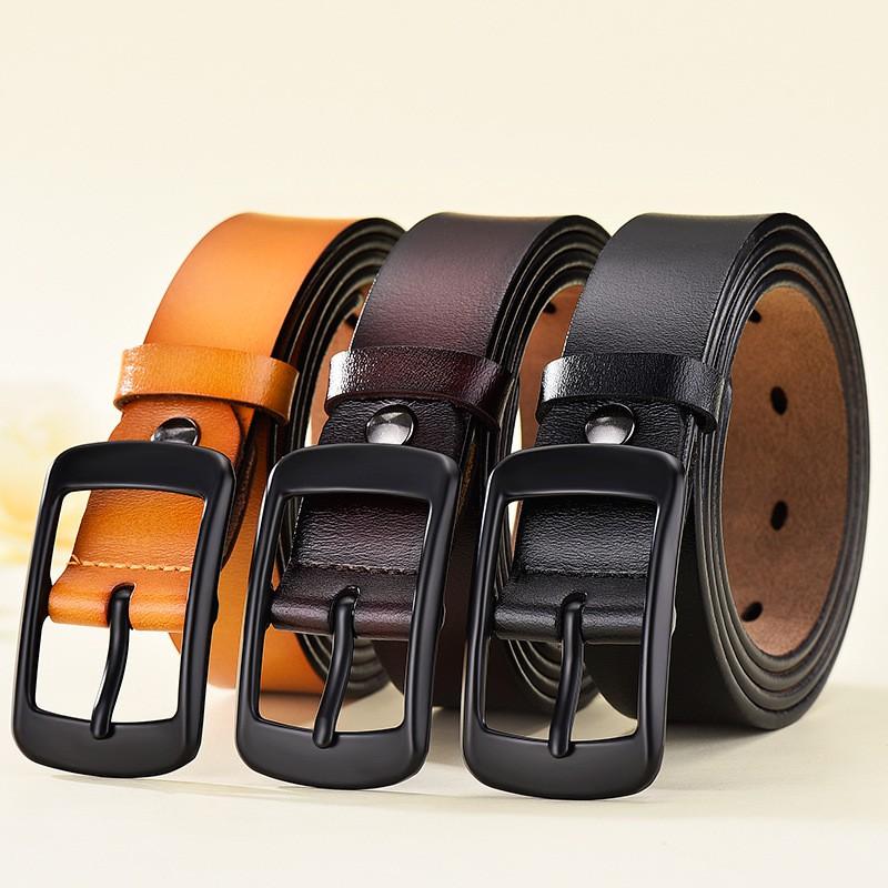 Womens Genuine Leather Belt With Square Pin Buckle Slim 2.8cm Width Retro Minimalist Waistband Jeans Office Wear