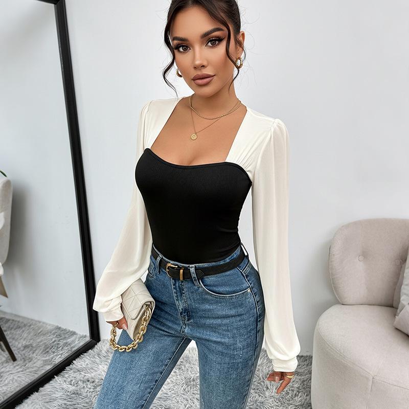 Women's Fashion Sexy Bodysuits Autumn Spliced Knitted Long Sleeve Slim Fit Elegant Square Collar