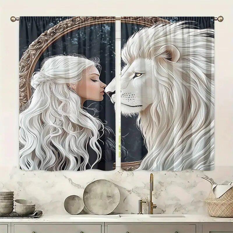 White Haired Girl Lion Print Curtains Pole Bag Home Decoration Room Set Of 2 Made Polyester