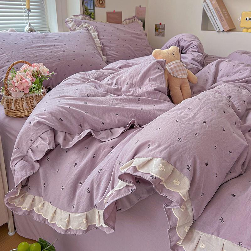 Washed Cotton Double Gauze Bedding Set Floral Ruffle Bed Sheets Bedroom