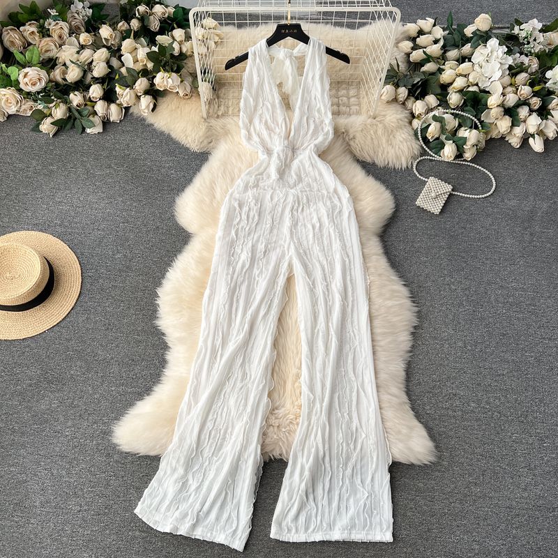 

Fashion Ins Wear Women s Adult Lady like Woman Lightly Mature Deep V Neck Halter Backless Jumpsuit High Waist Casual Vacation Long Pants White XL