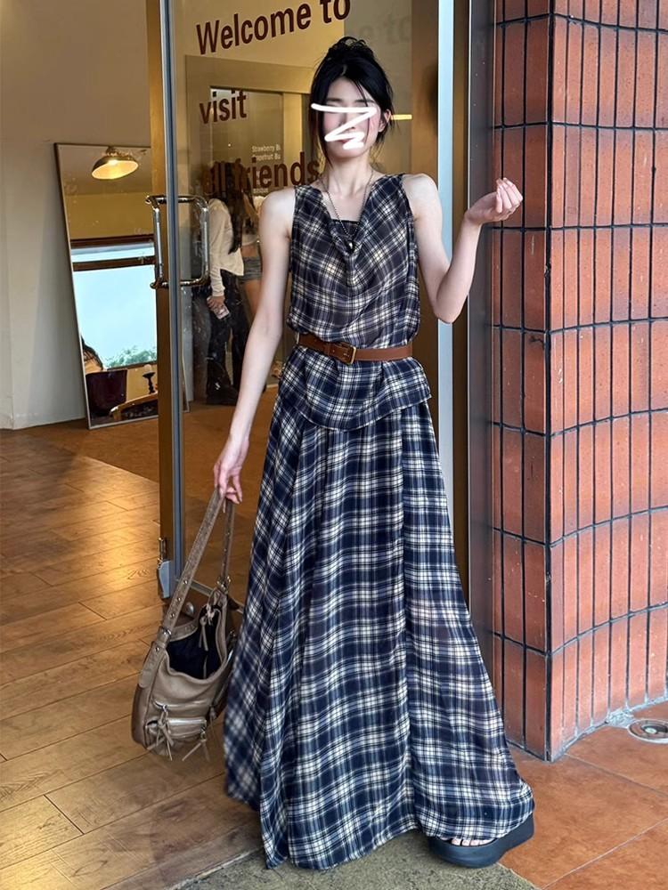 Lazy Plaid Suit Women's Sleeveless Swing Neck Vest Top + Long Skirt Two-piece Set Looks Thin