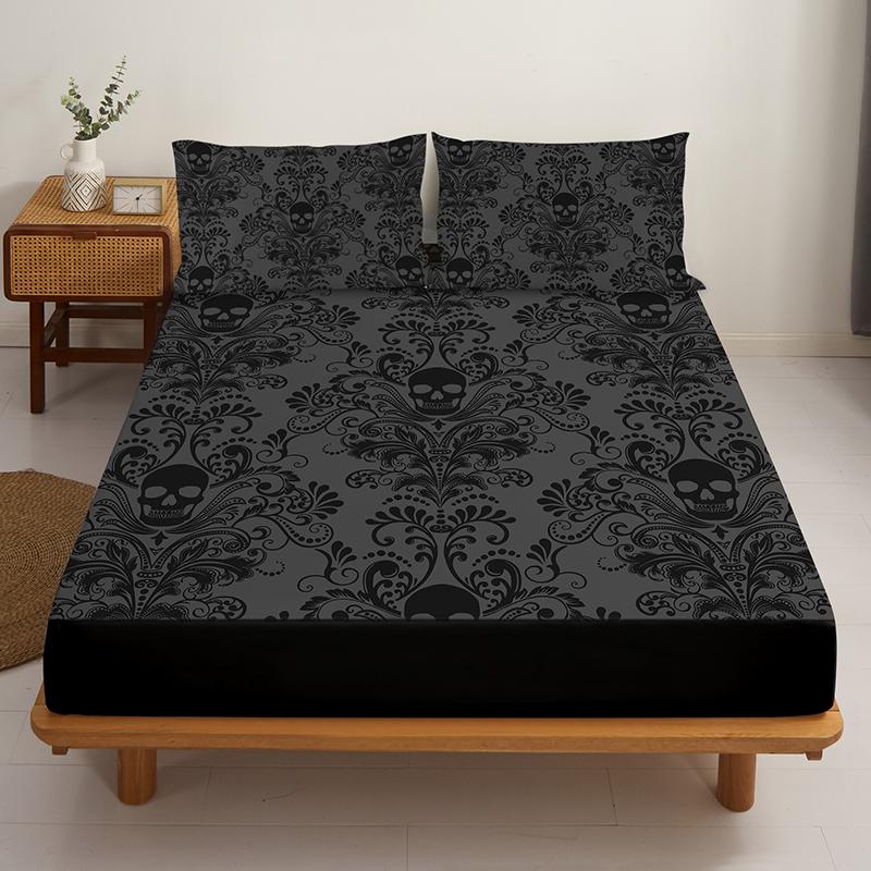 3dílná sada povlečení s lebkou a květinami, vzor lebky s květinami, obsahuje 1 prostěradlo s gumou a 2 povlaky na polštář, vhodné pro všechna roční období