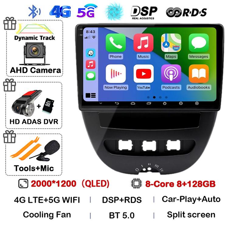 Android 14 Carplay Auto Car Radio For Peugeot 107 Toyota Aygo Citroen C1 2005 - 2014 Head Unit Stereo Multimedia Player GPS WIFI