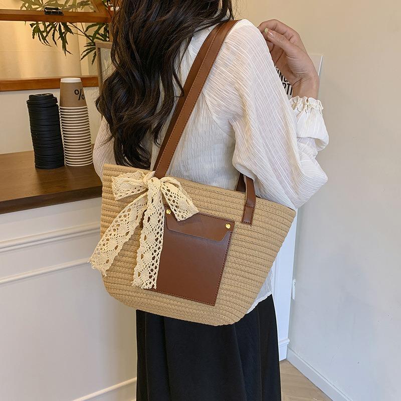 Summer New Woven Tote Bag Fashionable Splicing Large-capacity Versatile Shoulder Underarm Bag Simple Casual Handbag