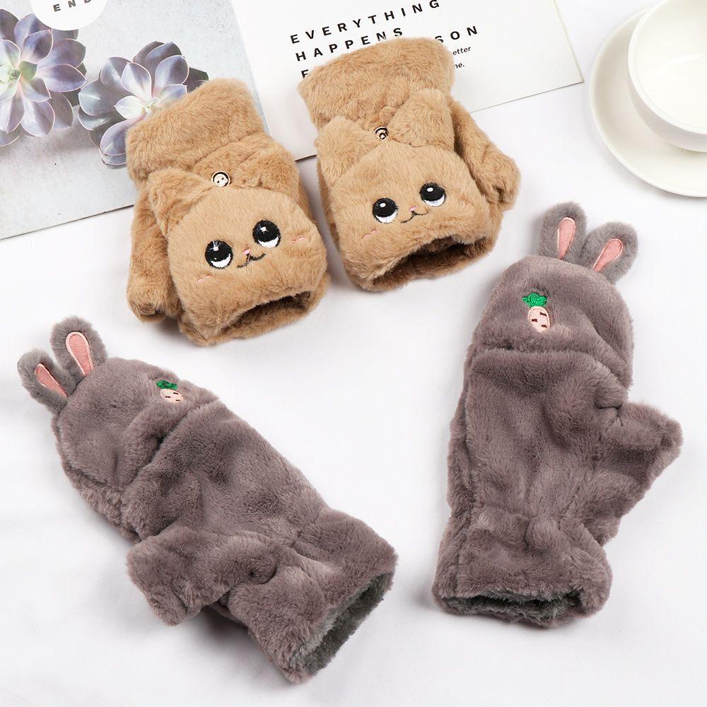Winter Soft Cute Cat Warm Mittens Plush Thick Half finger Faux Rabbit Hair Gloves