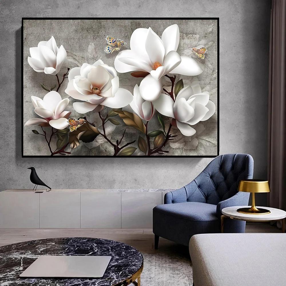 Abstract Flowers Wall Art Poster White Pink Lily Retro Floral Canvas Painting Modern Flower Art Print Home Room Decor