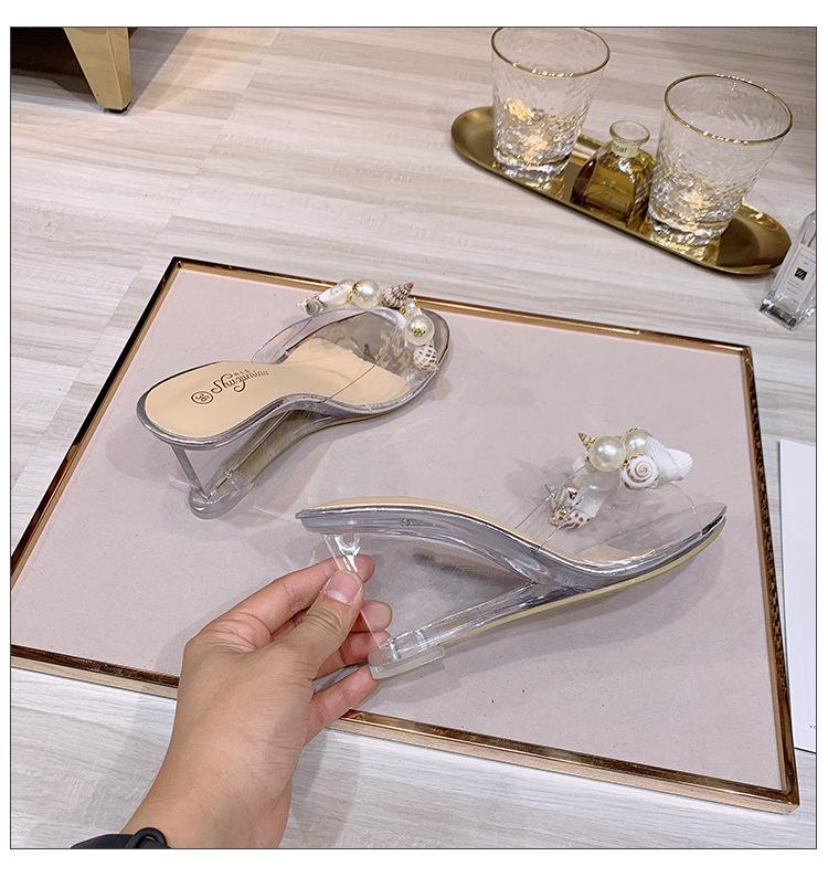 1098 Serie 8 cm Absatz Sandalen Kristall Transparent High Heels Strass Keil Flache Damenschuhe LFD