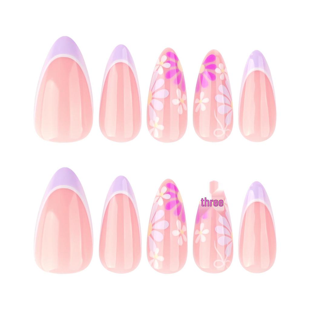 Summer Color Block Floral Nail Art - Wearable & Detachable French Nail Tips, European & American Style, Hot Selling.