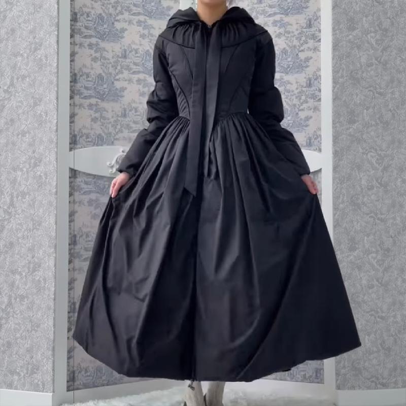 Women Chic Solid Maxi Dress Puff Jacket Slim Fit S Line Big Hem Warm Long Robes Coat Outfit Lady High Street Outwear