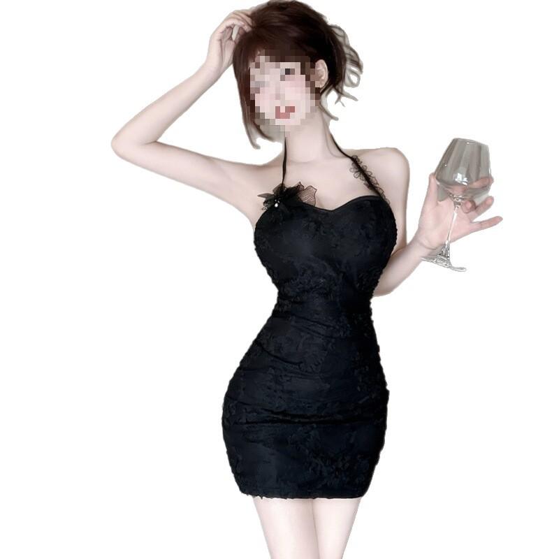 Spice girl sexy pure lace neck sling dress temperament three-dimensional flower decoration backless slim hip skirt