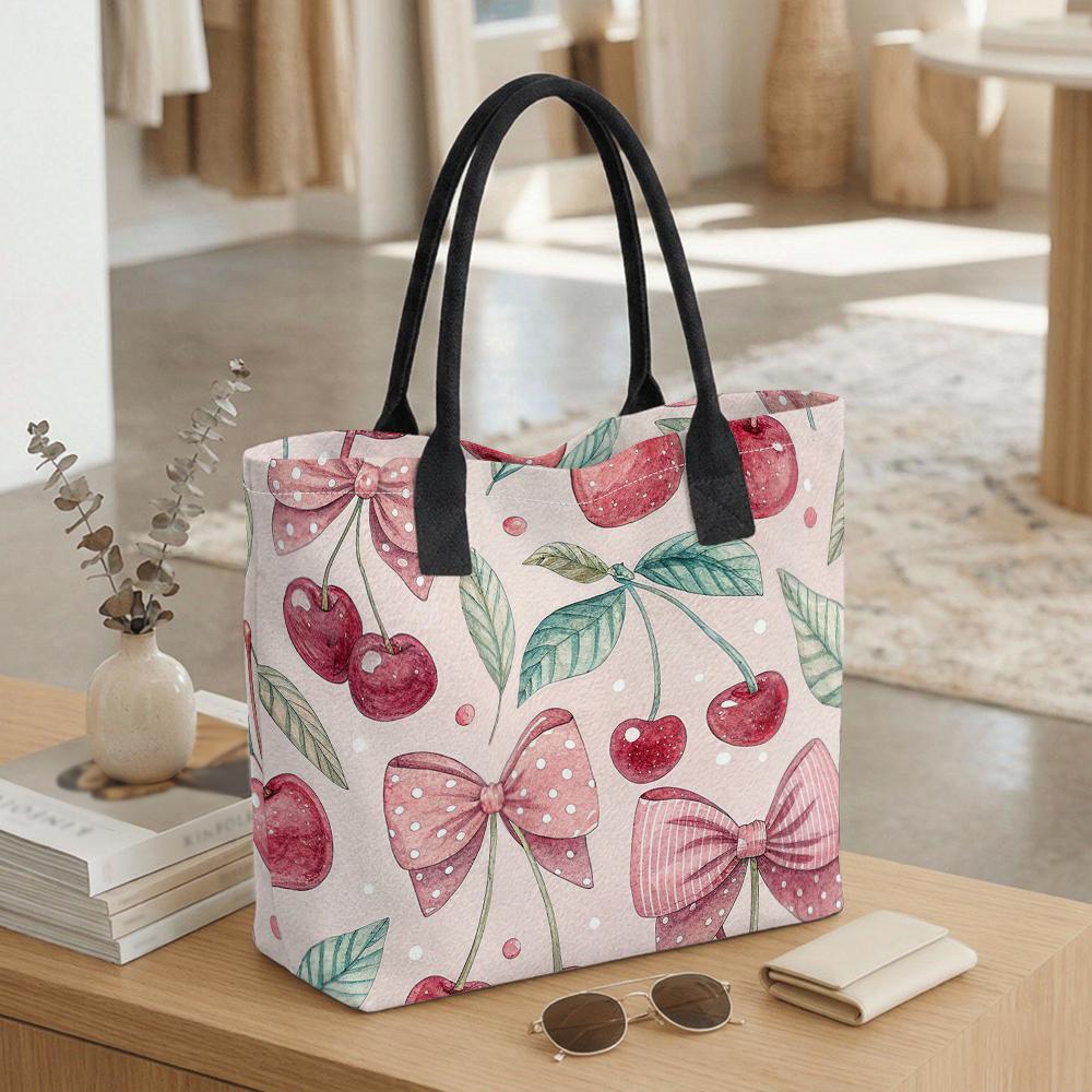 Cute Cherry Bow Tote Bag Fashion Casual Printed Shoulder Bag Large Capacity Daily Handbag for Women