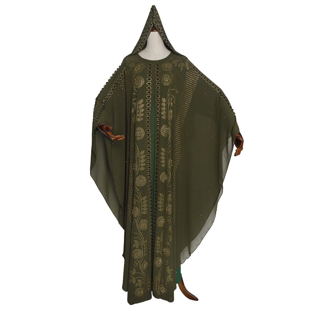 Plus Size Muslim Robe with Headscarf - Women's Fake Two-Piece Dress with Heavy Duty Hot Drill Detailing