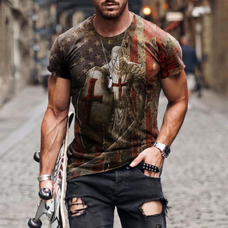 2024 Summer Retro Cross Pattern New Short Sleeved Round Neck Printed Men's T-shirt