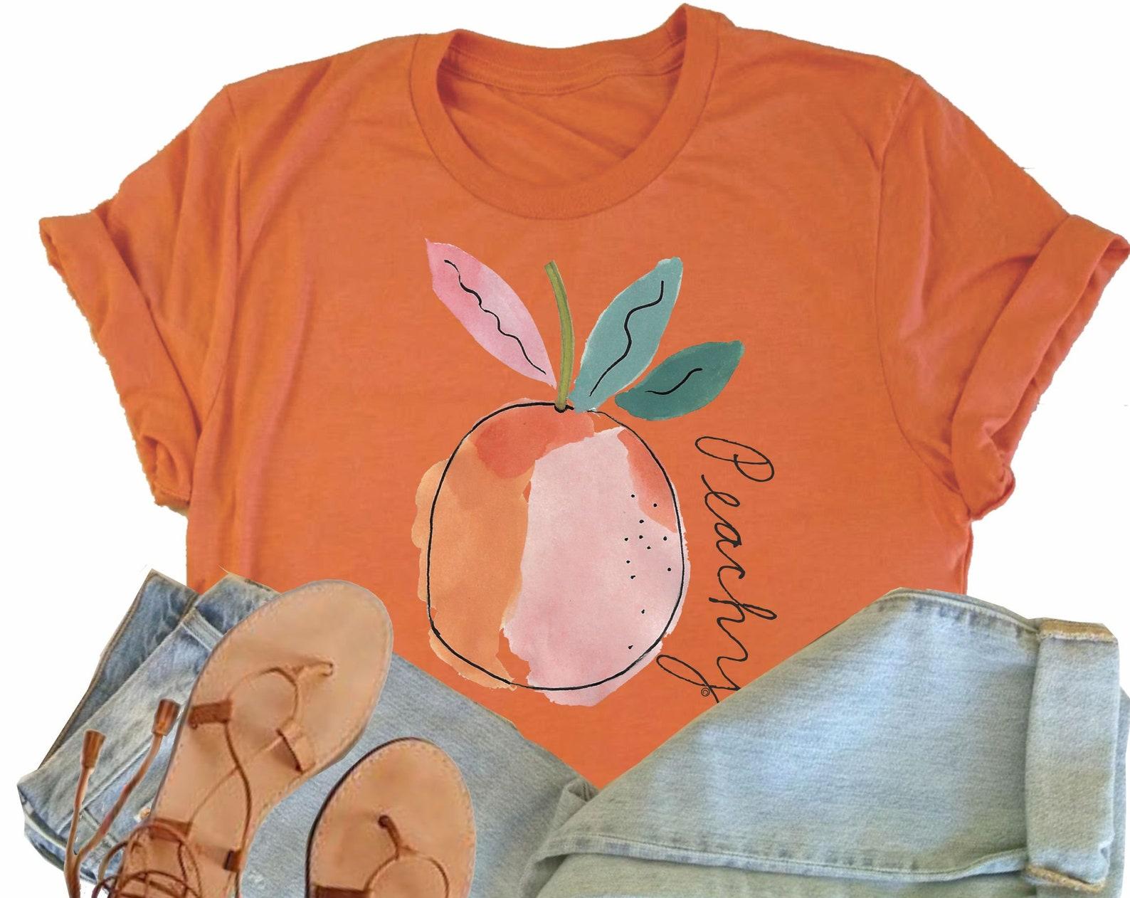 Peachy Botanical T-Shirt: Watercolor Peach Graphic Tee 2XL