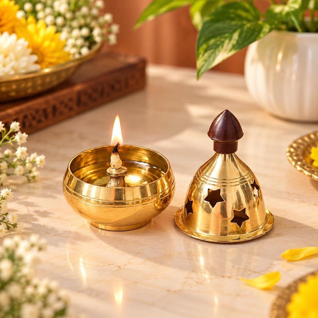CraftIndia Golden Traditional Akhand Brass Diya for Puja Room, Home,