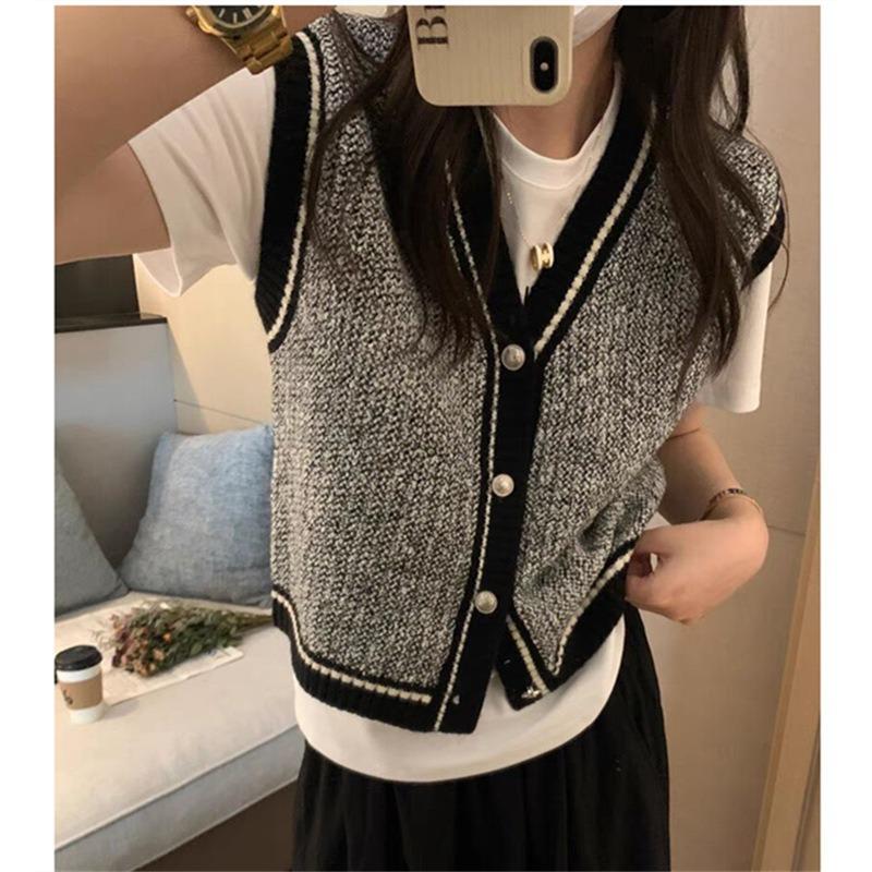 Gestrickte Strickweste Cardigan Damen Herbst und Winter Neu Koreanischer Stil Locker Layering Retro Ärmelloses Top