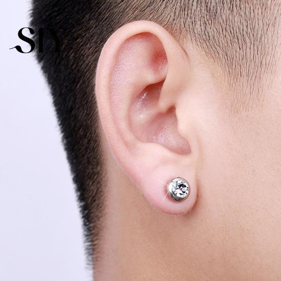 Stainless Steel Earrings 1 Pair Ear Studs Non-Piercing Magnetic Round Men Colored Rhinestone Embedded Women Fashion Jewelry Stud