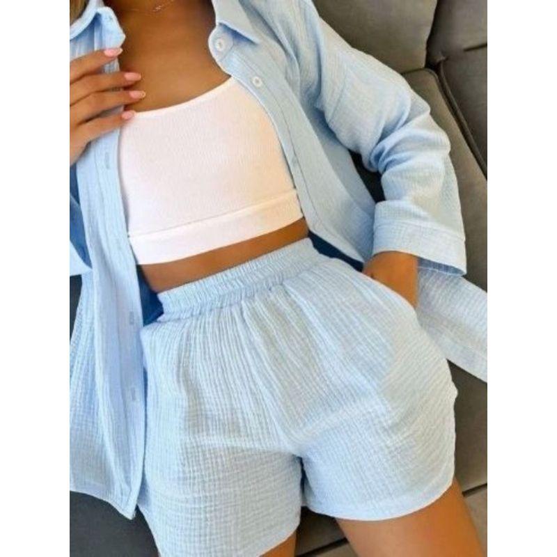 Collar Long Sleeve Shirt Shorts Set Lapel Long Sleeve Shirt Shorts Suit