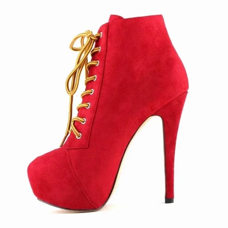 Women Boots Stiletto Autumn Winter Fashion 14cm Sexy Platform Round Toe High Heels Pumps Lace-Up Ankle Flock Shoes Large Size 43
