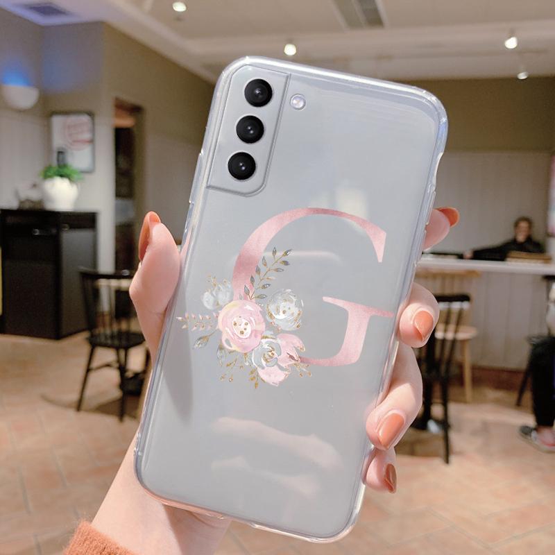 Initial Letter Cover For Samsung Galaxy S23 S24 S25 Plus Ultra Case Transparent Soft Silicone Flowers Capa For Samsung S23+ Bag