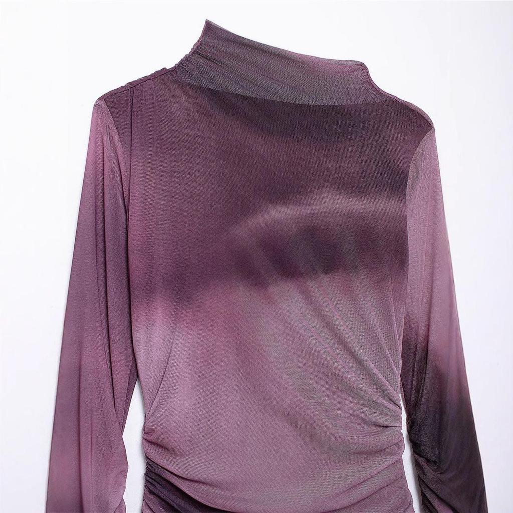 2024 European & American Trend: Women's Bodycon Ruched Silk Net Dress with Stand-up Collar & Long Sleeves, Autumn Style