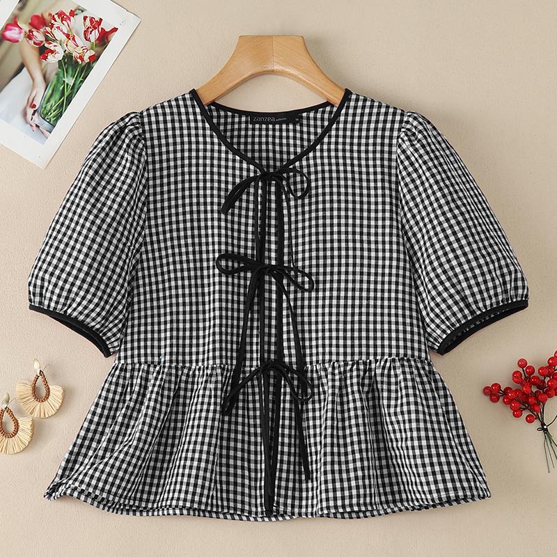 ZANZEA Women Plaid Print Casual Round Neck Short Sleeve Blouse