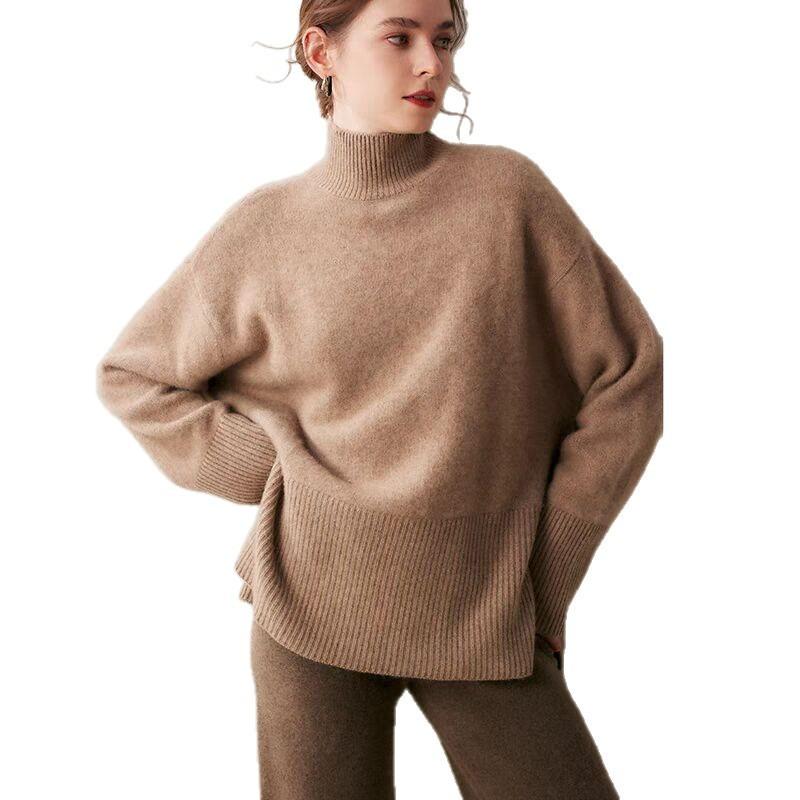 New split-ended loose-knit pullover solid-color turtleneck loose autumn and winter women's sweater