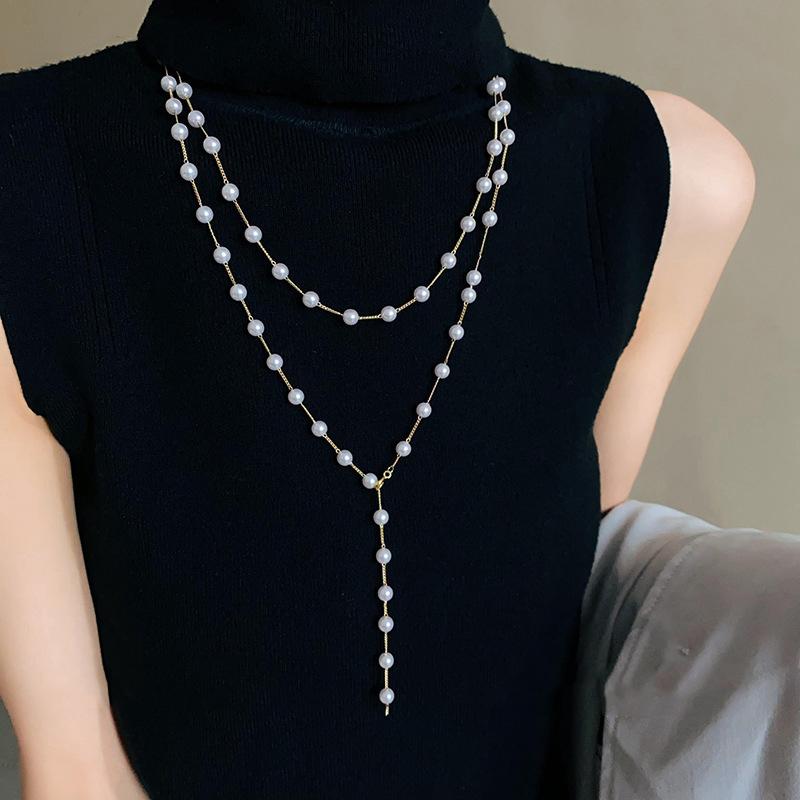 

Luxury Long Pearl Tassel Necklace for Women Zircon Leaf Water Drop Shape Pearl Pendent Sweater Chains Elegent Daiy Wear Jewelry