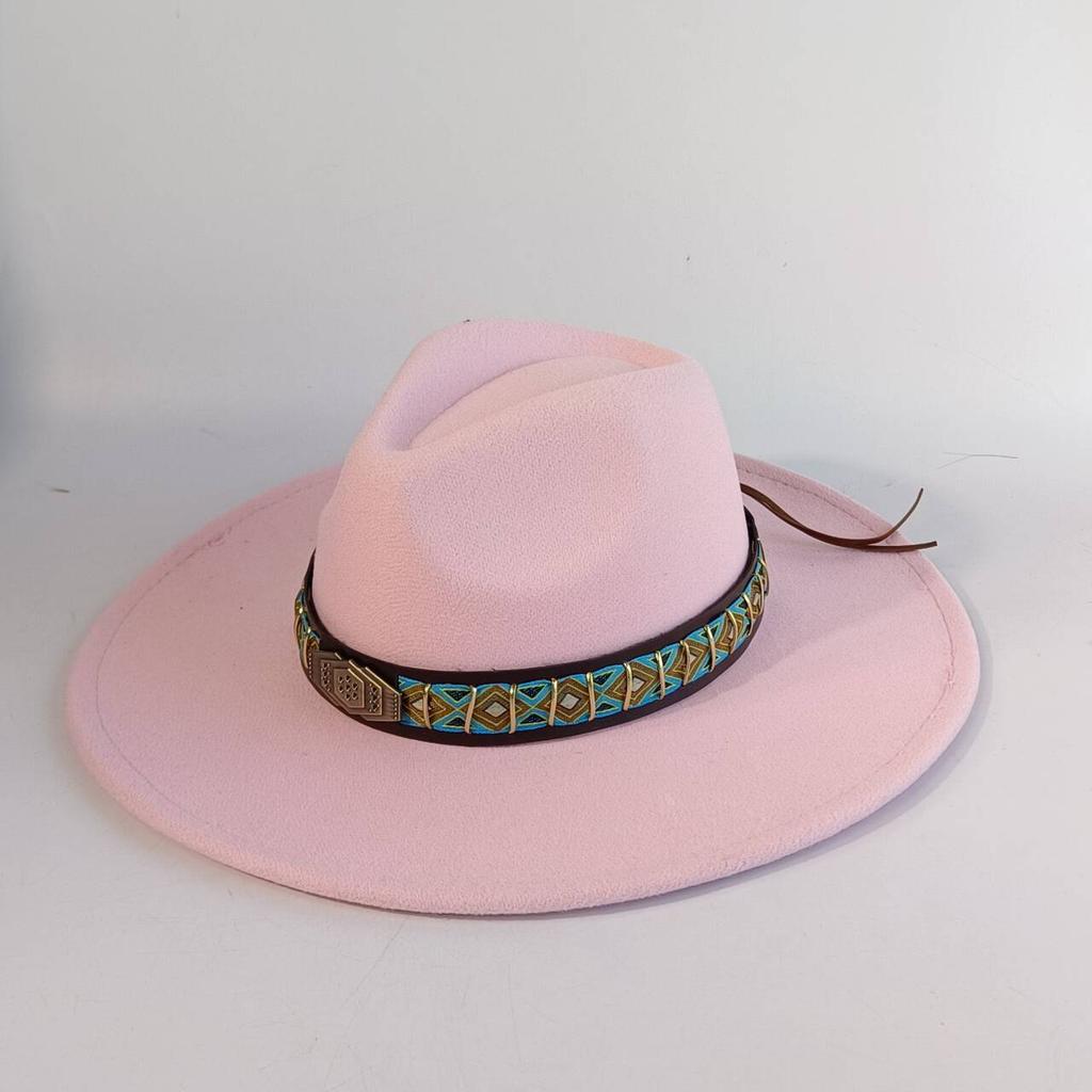 Felt Hat with Vintage Leather Belt, Fashionable European and American Jazz, Classic Church Style, Wide Brim, 9.5cm