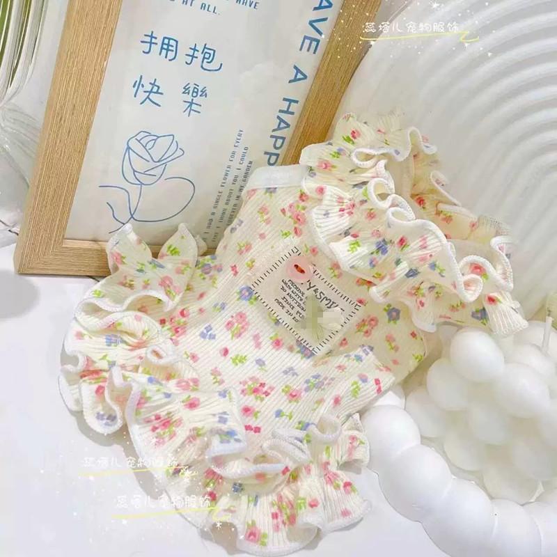 Teddy floral dress pet clothes small puppy Bichon puppy dog spring and summer thin ice silk fungus edge dress