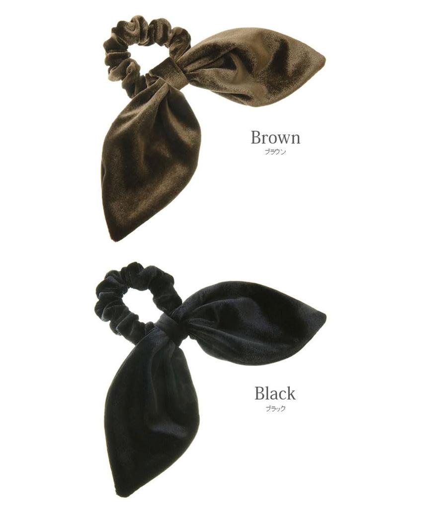 VINGTAINE Velvet Ribbon Scrunchie Hair Women's Tie, 2-Way, Detachable, Elegant, H7930-BLACK