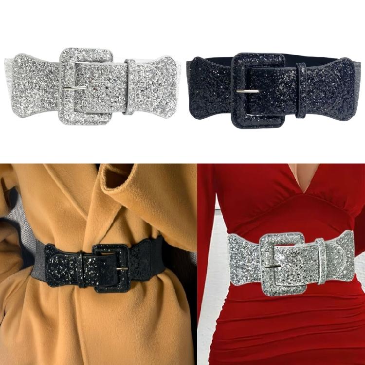 Shining Corset Belt for Women Sequined Elastic Wide Belt All Matching PU Leather Belt Glitters Belt for Party Dresses