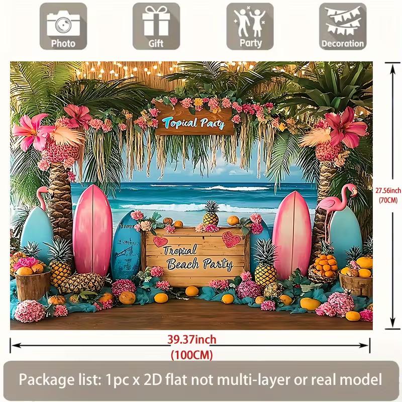 2D Luau Themed Backdrop - Flamingo Pineapple Surfboard Photography Background for Hawaiian Events