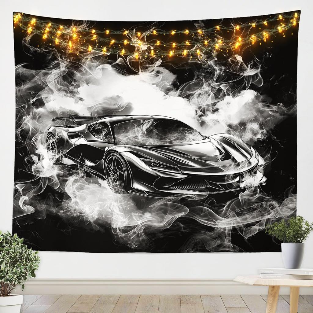 Japanese Car Tapestry, Fuji Mountain and Cherry Blossom Print Wall Hanging for Bedroom, Living Room and Aesthetic Decor