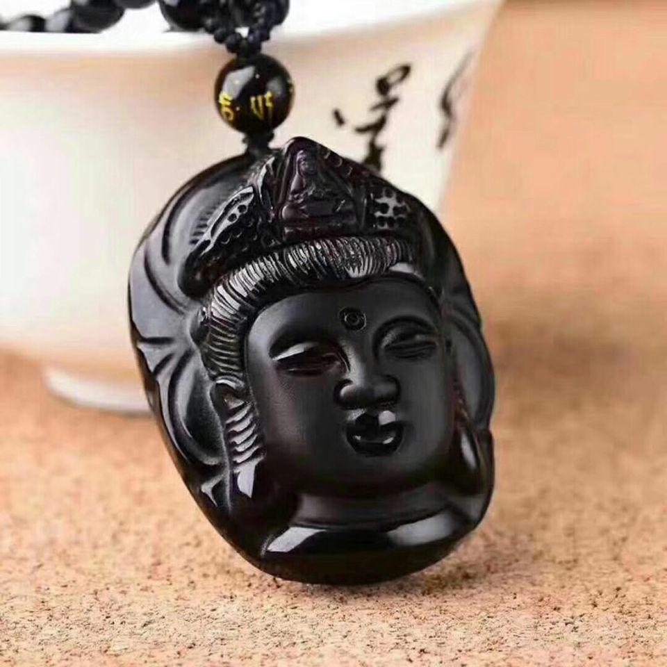 Obsidian Guanyin & Buddha Pendant Necklace with Ruyi Elephant Design