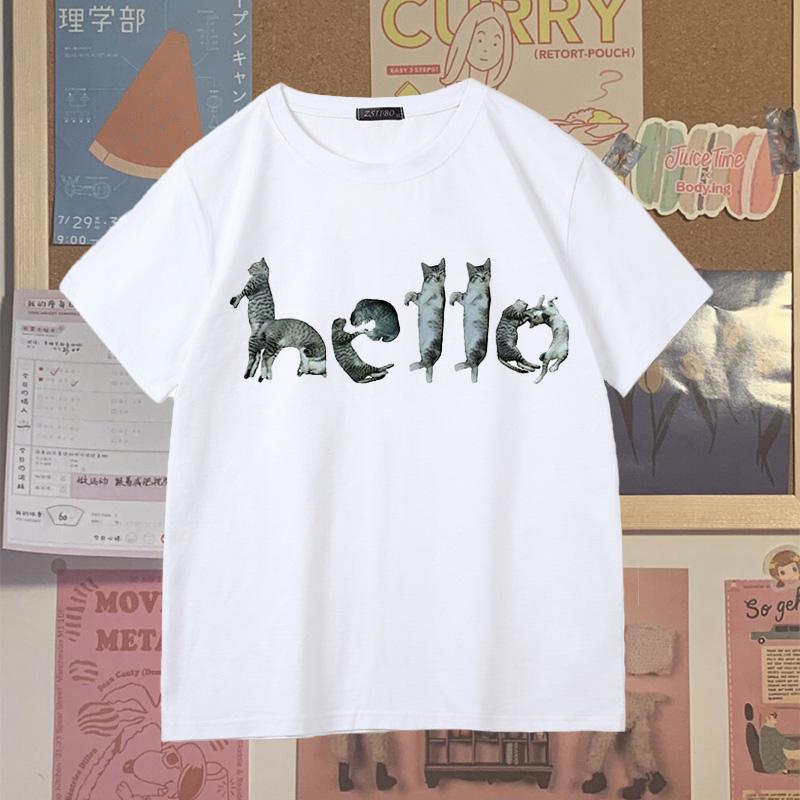 

Fun Cats Hello Letter TShirt Unisex Casual Loose Sleeve Cute Style Shirt 2026 New Design S