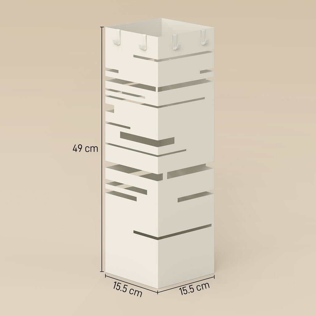 Quadratischer Metall-Schirmständer mit herausnehmbarer Tropfschale und 4 Haken, 15,5x15,5x49 cm, Beige